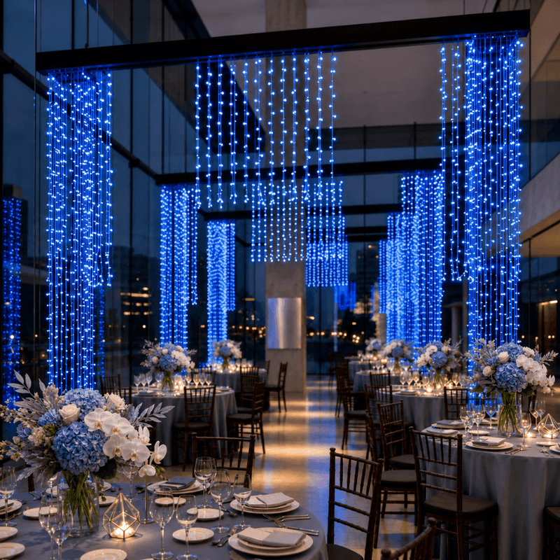 Blue LED curtain lights create dramatic hanging light panels in a dining hall - thumbnail number 3