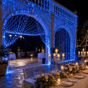 Blue LED icicle curtain lights draped across an elegant outdoor stone archway - thumbnail number 5