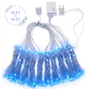 10ft by 10ft blue LED icicle curtain string lights with a controller and power plug - thumbnail number 1