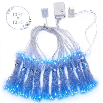 Blue 300 LED Icicle Curtain Fairy String Lights with 8 Modes 10ft