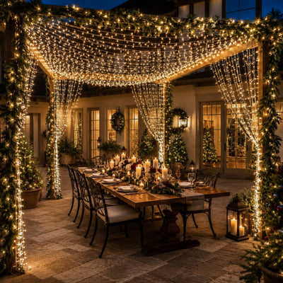 10ft by 10ft warm white LED curtain lights decorating a patio pergola for a holiday dinner - thumbnail number 9