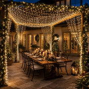 Warm white LED curtain lights draped over an outdoor dining patio at night - thumbnail number 4
