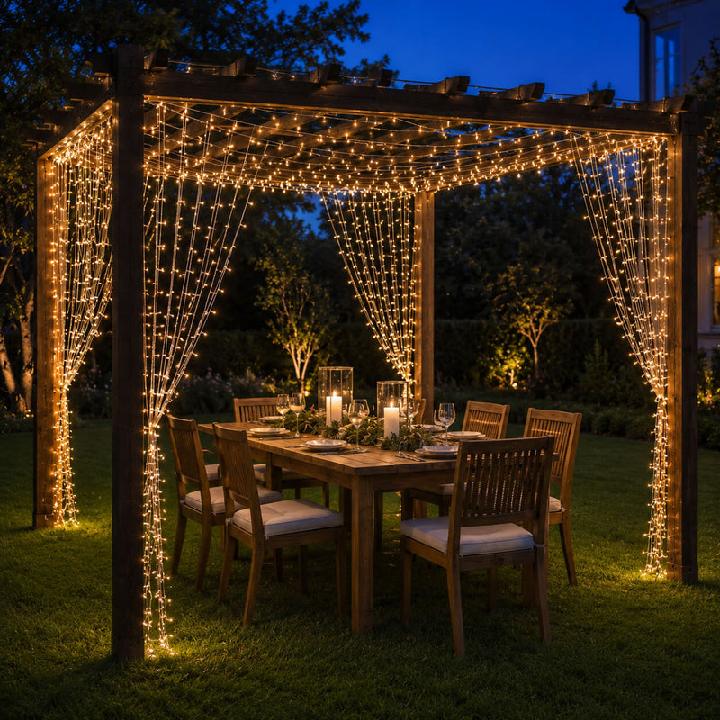 Warm white 300 LED icicle string lights draped over an outdoor dining pergola at night - thumbnail number 6