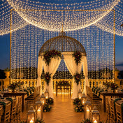 10ft by 30ft warm white LED curtain lights decorating a romantic outdoor wedding reception area - thumbnail number 4