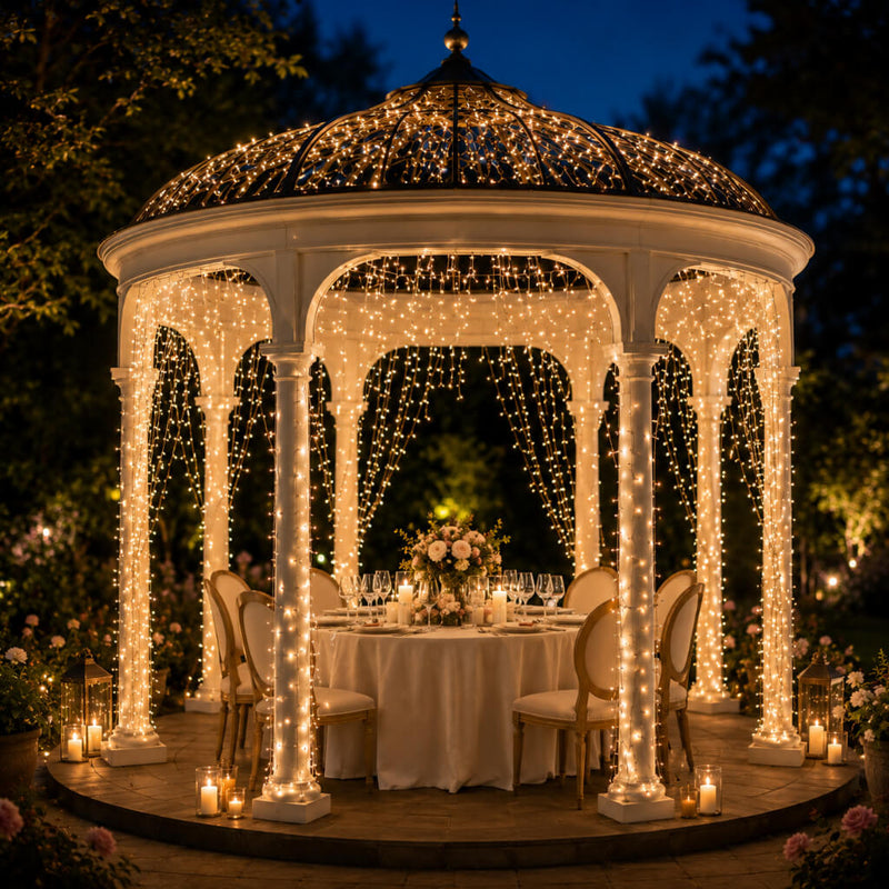 Warm white 300 LED icicle string lights decorating an outdoor dining gazebo at night - thumbnail number 7