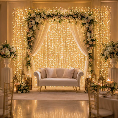 Warm white LED curtain lights draped behind a white floral arch and wedding sofa - thumbnail number 9
