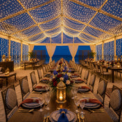 10ft by 40ft warm white LED fairy lights decorating a tent for a formal beachfront dinner - thumbnail number 5