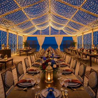 10ft by 40ft warm white LED fairy lights decorating a tent for a formal beachfront dinner - thumbnail number 5