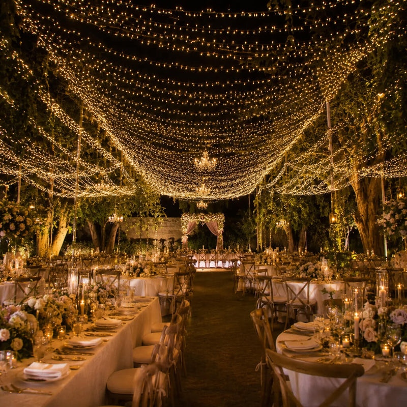 10ft by 50ft warm white LED fairy lights creating a canopy over an outdoor wedding reception - thumbnail number 6