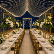 10ft by 50ft warm white LED curtain lights decorating an elegant rooftop event dinner - thumbnail number 7
