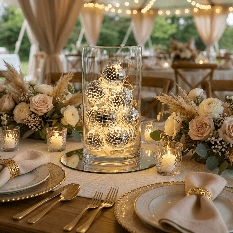 Disco ball string lights glowing in a glass vase on a wedding table - thumbnail number 4