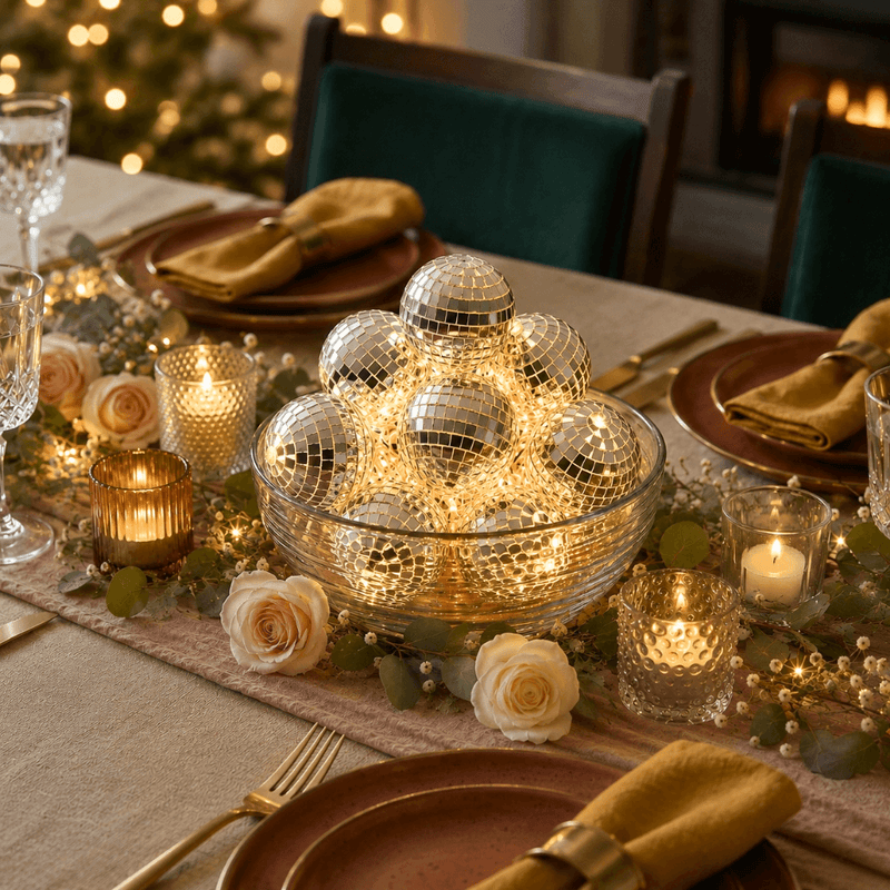 Disco ball string lights glowing inside a glass bowl as a table centerpiece - thumbnail number 5