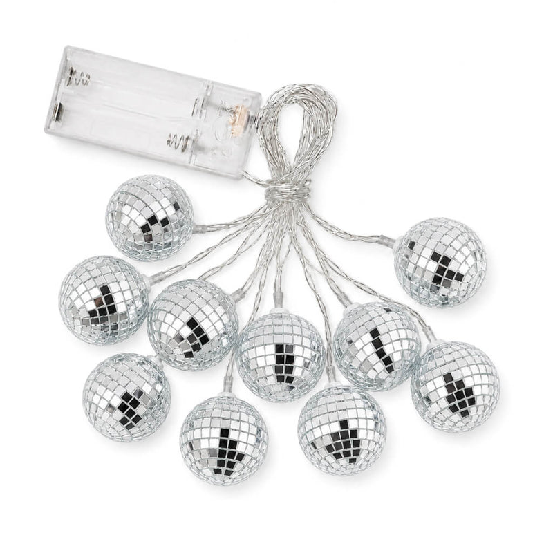 Silver disco mirror ball string light garland with a battery pack on a white background - thumbnail number 1