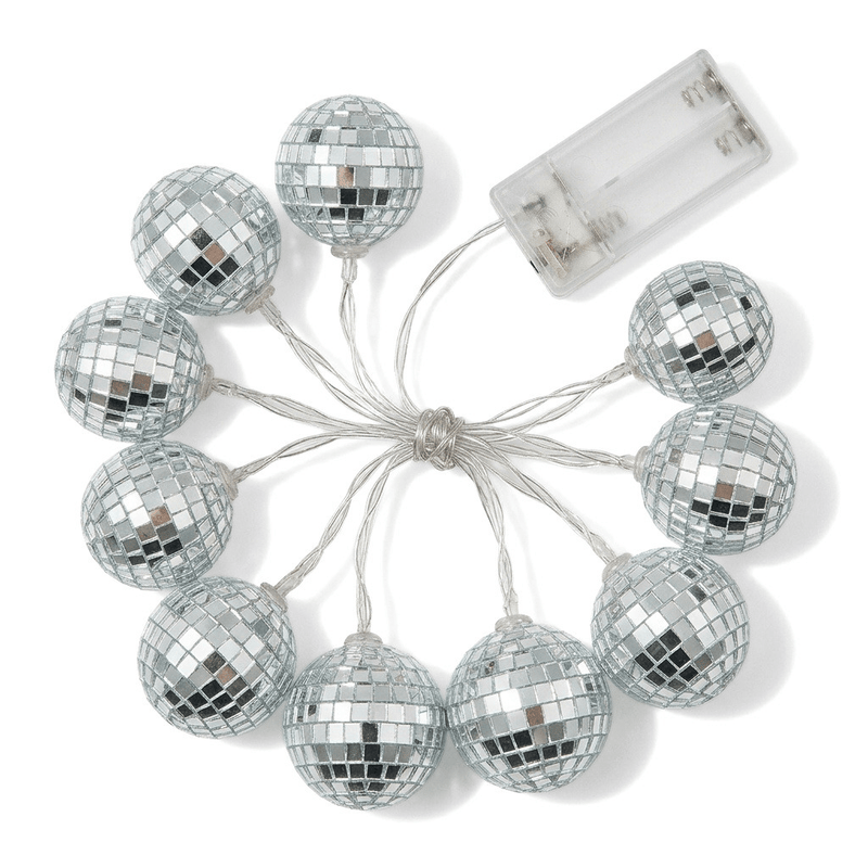 Silver disco mirror ball string light garland with a battery pack on a white background - thumbnail number 3