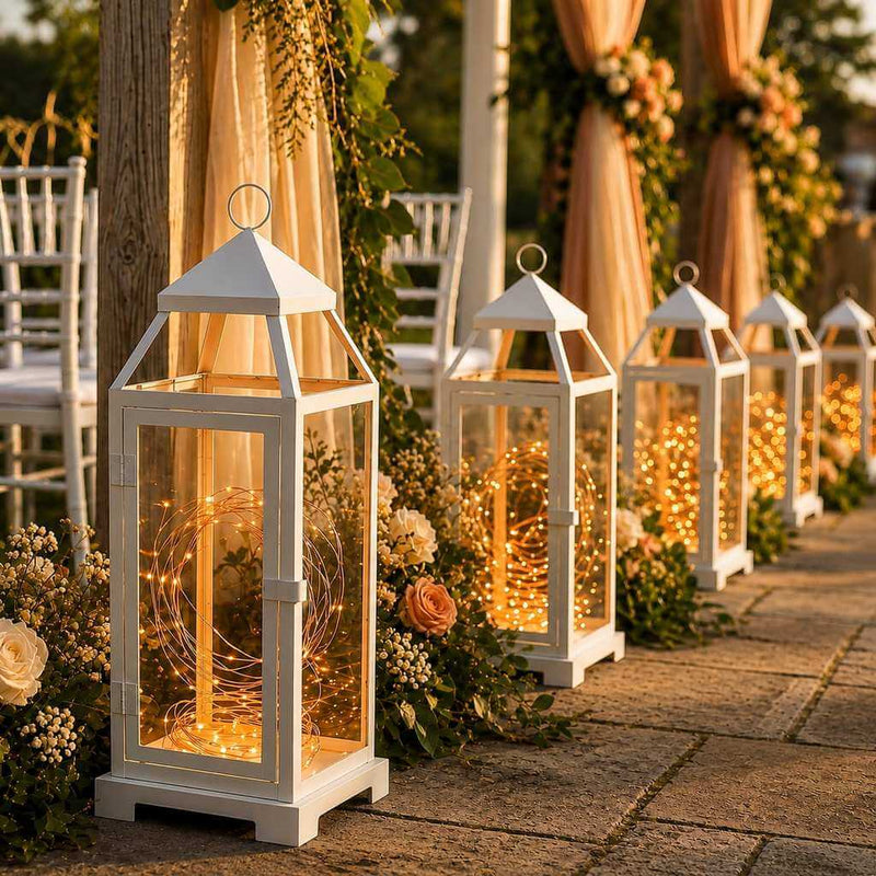 White lanterns filled with warm LED fairy lights lining a path with floral wedding decor - thumbnail number 4