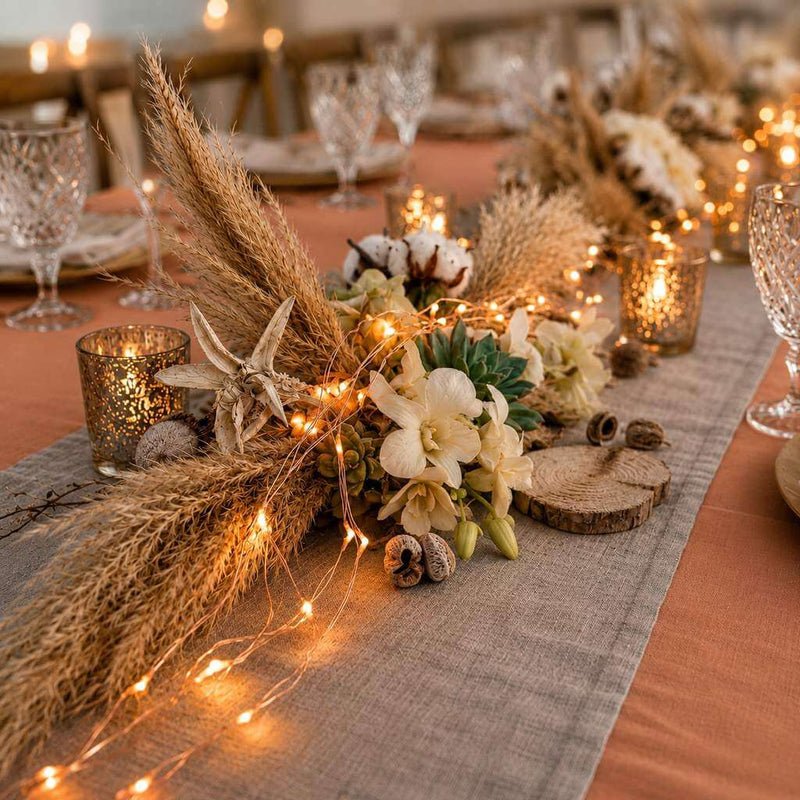 Boho wedding table runner with pampas grass, flowers, votives, and fairy string lights - thumbnail number 7