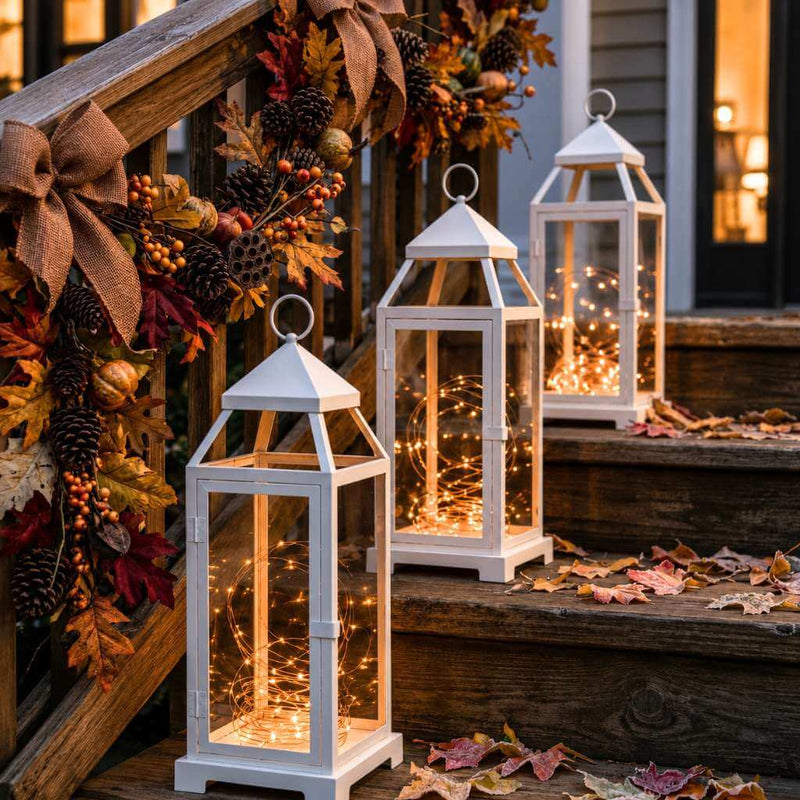 White lanterns filled with warm LED fairy string lights on wooden steps with autumn decor - thumbnail number 8