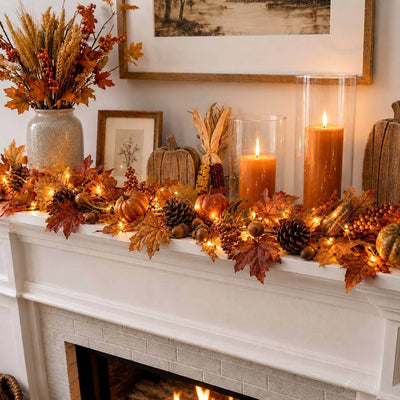 Fall fireplace mantel decorated with autumn leaves, pumpkins, candles, and fairy string lights - thumbnail number 9