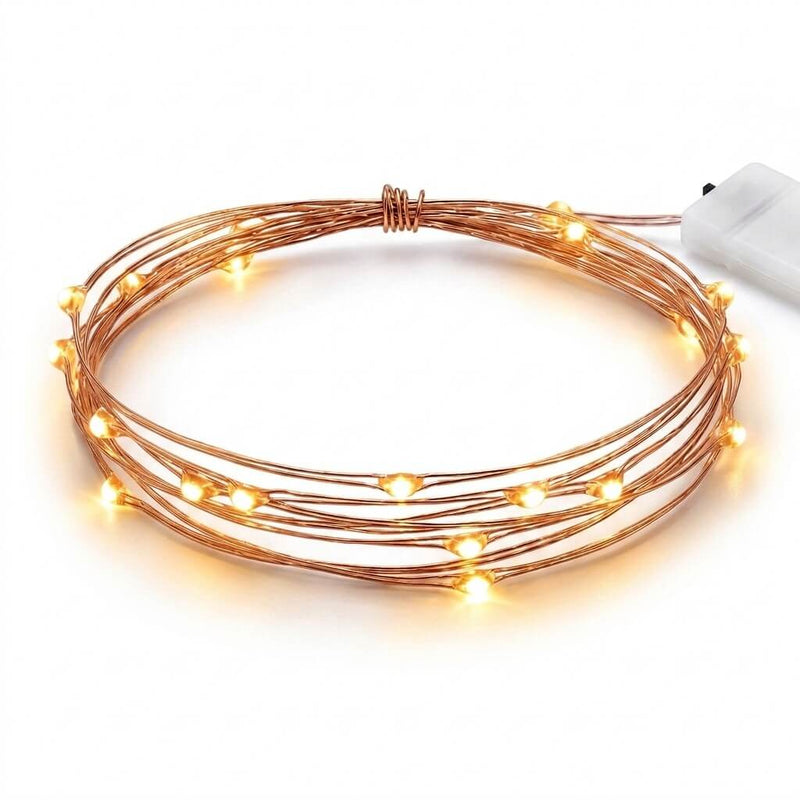 Coiled copper wire fairy string lights with warm white LED bulbs and a battery pack - thumbnail number 1