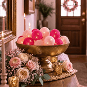 Pink and fuchsia cotton ball LED string lights in a gold bowl with flowers - thumbnail number 7