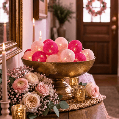 Pink and fuchsia cotton ball LED string lights in a gold bowl with flowers - thumbnail number 7
