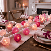 Pink and fuchsia cotton ball LED string lights decorating a dinner table - thumbnail number 8