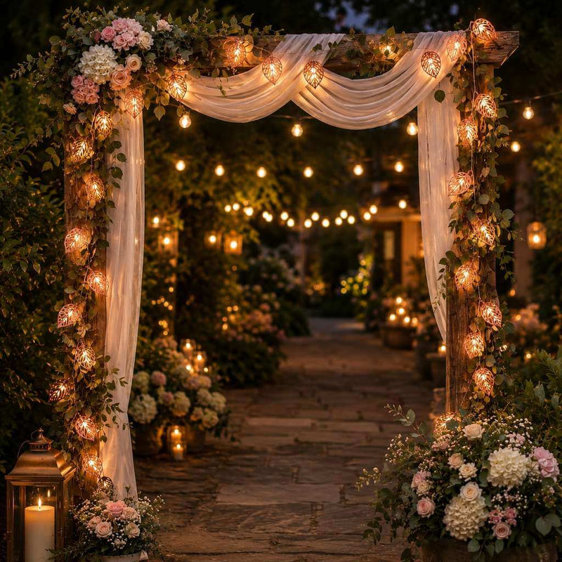 Rose gold leaf string lights decorating a floral wedding archway at night - thumbnail number 6