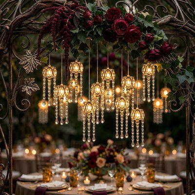 LED Crystal String Lights, Gold Oval Frame with Hanging Teardrop Pendants, Warm White Plug-in Chandelier Décor - thumbnail number 8