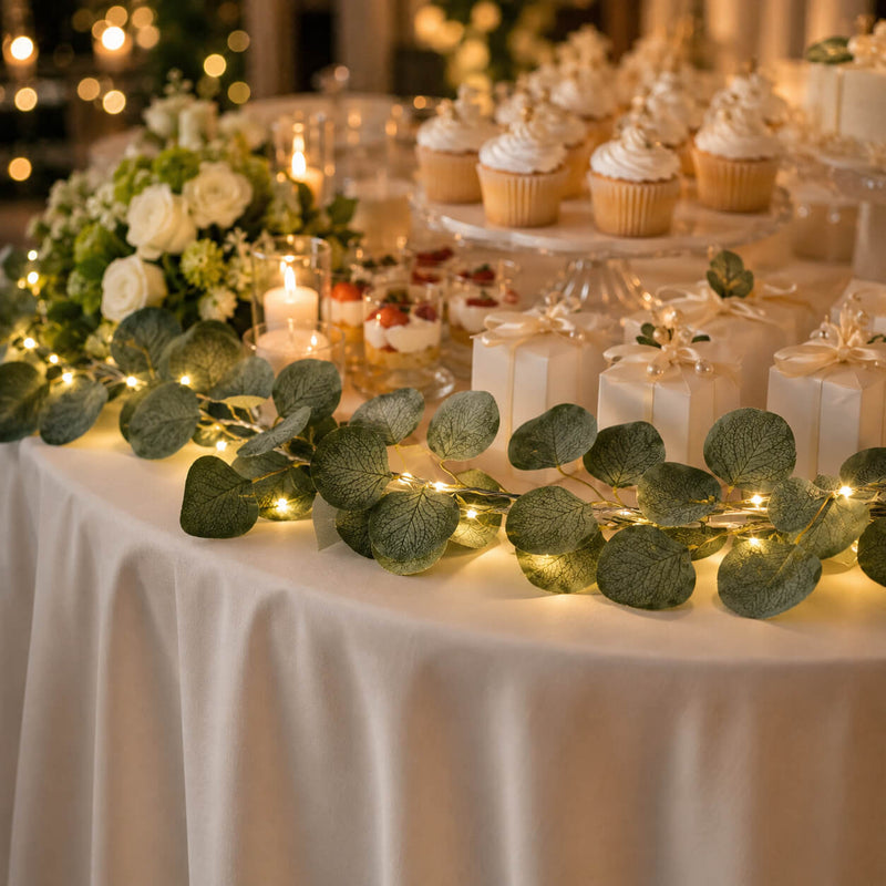 Eucalyptus garland string lights decorating a dessert table with cupcakes and gifts - thumbnail number 3