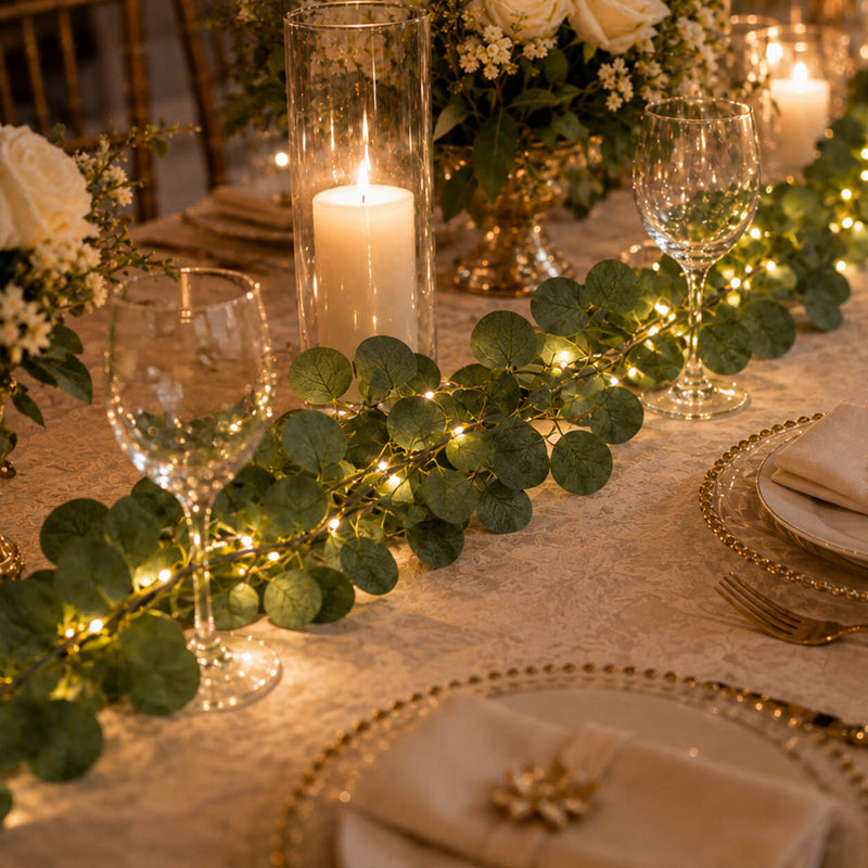 Eucalyptus garland string lights running along an elegant dinner table with candles - thumbnail number 7