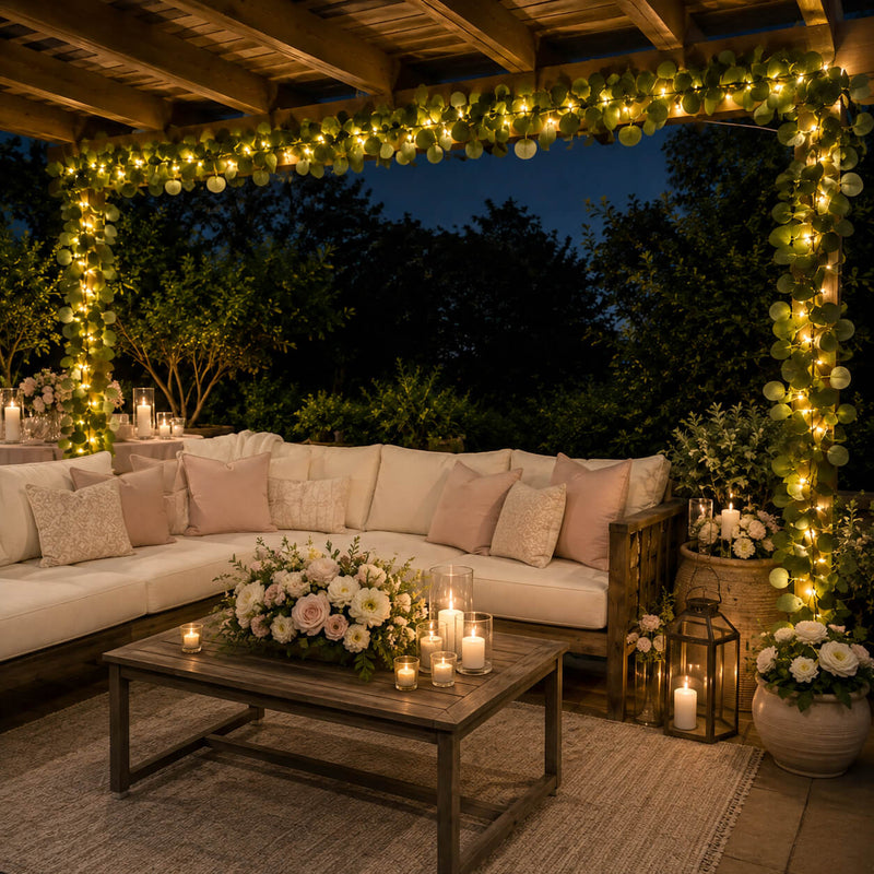 Eucalyptus garland string lights wrapped around an outdoor patio pergola at night - thumbnail number 8