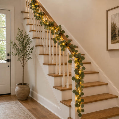 Eucalyptus garland string lights draped along a wooden staircase railing - thumbnail number 10
