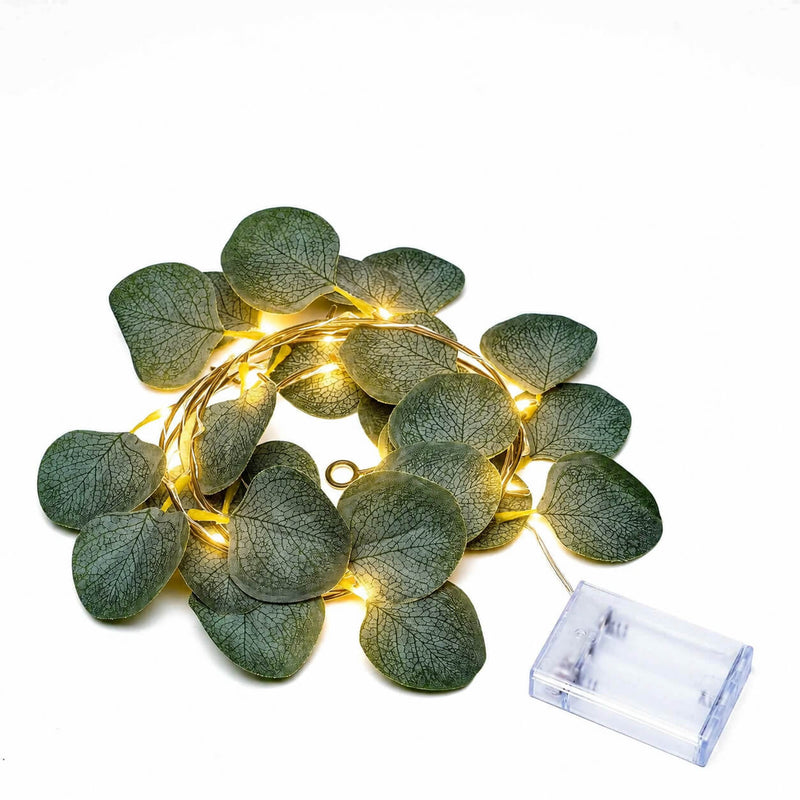 Coiled green eucalyptus leaf garland string lights lit up with a battery box - thumbnail number 2