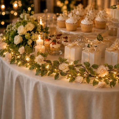 Rose and light garland on a table with cupcakes and gifts - thumbnail number 5