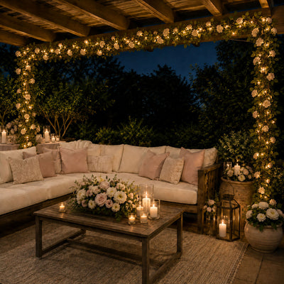 Rose and fairy light garland wrapped around an outdoor pergola - thumbnail number 8