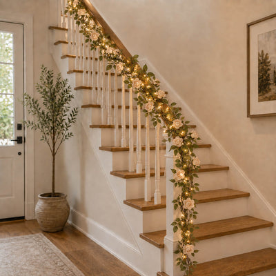 Rose and light garland draped down an indoor staircase banister - thumbnail number 10