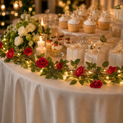 A 7ft red silk rose flower garland with 20 LED string lights on a dessert table - thumbnail number 3