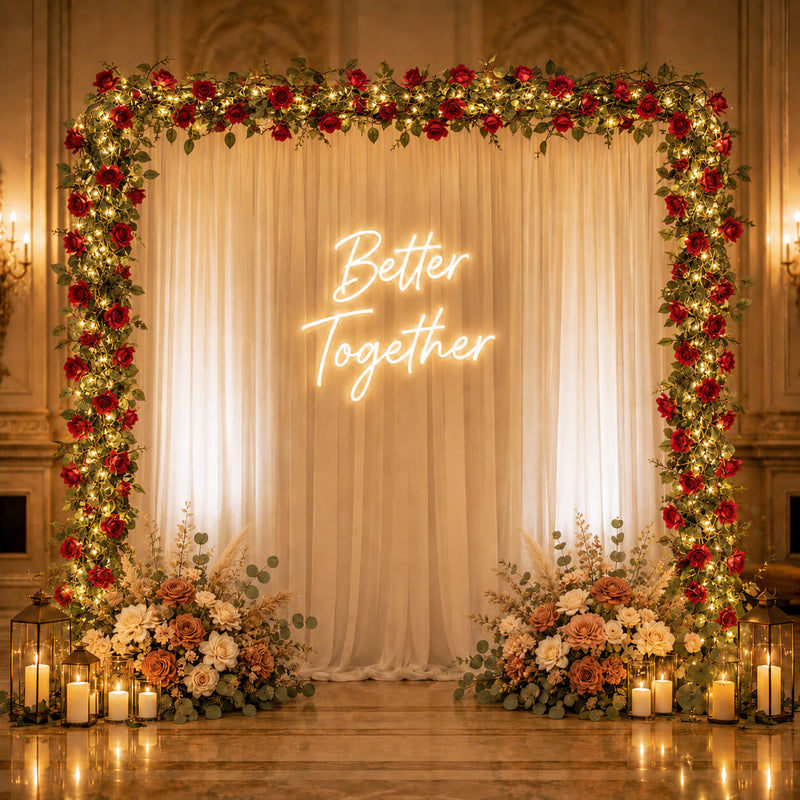 A 7ft red silk rose flower garland with 20 LED string lights framing a wedding backdrop - thumbnail number 5