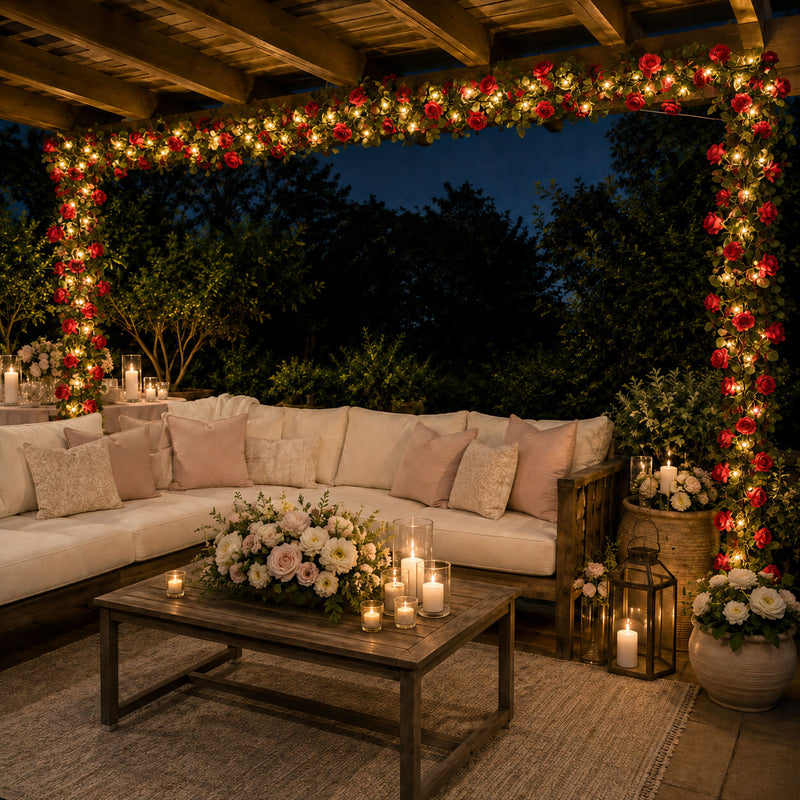 A 7ft red silk rose flower garland with 20 LED string lights draped over an outdoor patio structure - thumbnail number 6