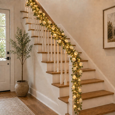 20 LED White Silk Rose Flower Garland Vine String Lights, Warm White Battery Operated 7ft - thumbnail number 8