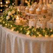 Ivy garland string lights running across a dessert table with cupcakes, gifts, and flowers - thumbnail number 3