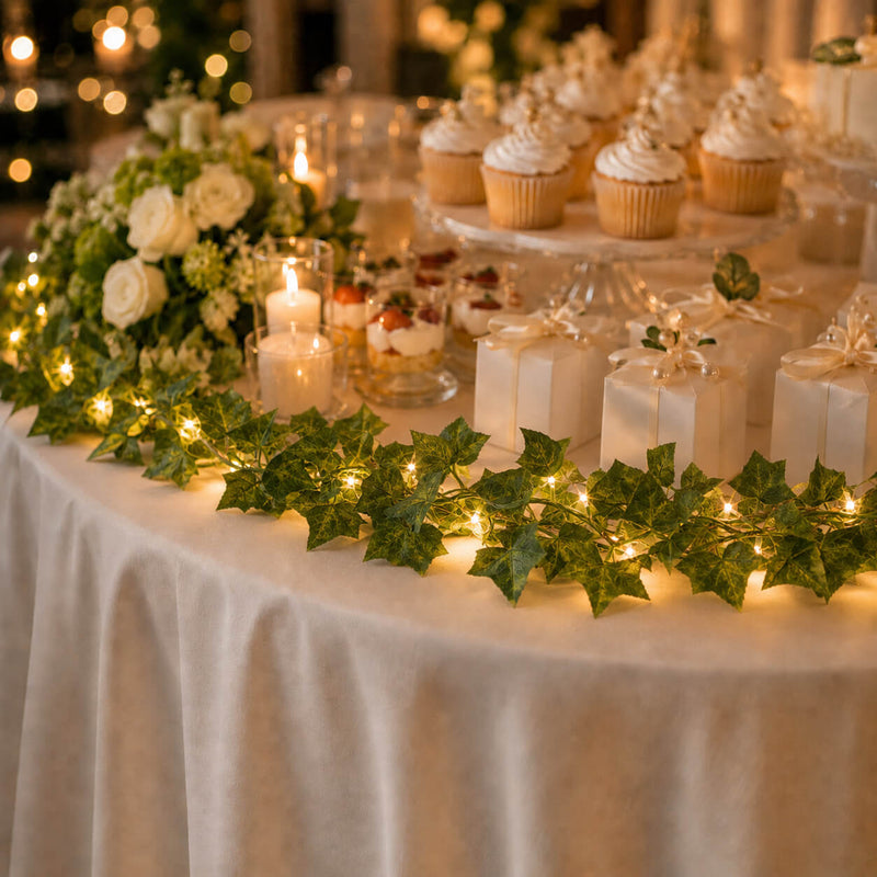 Ivy garland string lights running across a dessert table with cupcakes, gifts, and flowers - thumbnail number 3