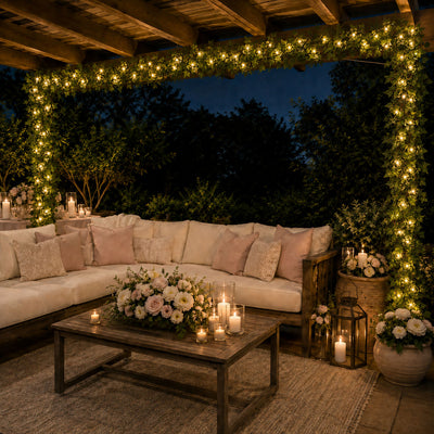 Warm white LED green silk ivy garland string lights framing an outdoor seating area - thumbnail number 9