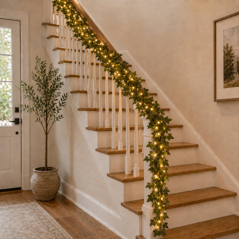 Ivy garland string lights wrapped along a staircase banister in a hallway - thumbnail number 10