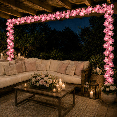 Pink cherry blossom LED garland framing an outdoor lounge - thumbnail number 8
