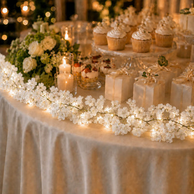 Cherry blossom garland string lights draped on a dessert table with cupcakes and gifts - thumbnail number 4