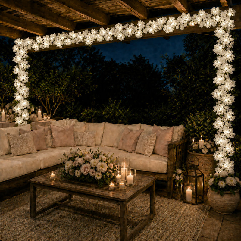 Cherry blossom garland string lights framing an outdoor patio seating area - thumbnail number 5