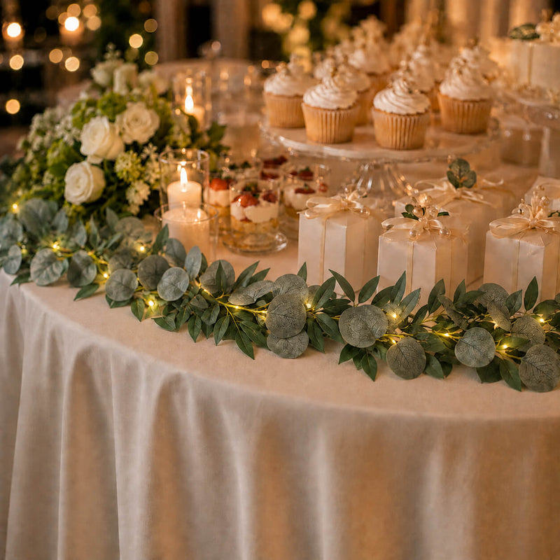 Eucalyptus garland with warm white lights decorates a dessert table with cupcakes - thumbnail number 3