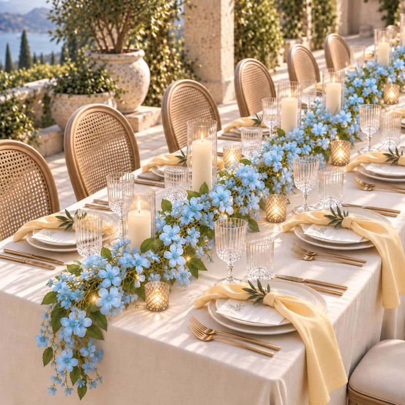 Blue jasmine flower garland with fairy lights and candles on an outdoor table - thumbnail number 6