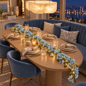 Blue jasmine flower garland with fairy lights on a dining table - thumbnail number 9